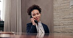 Woman, hotel and smile as receptionist with telephone in help desk for bookings and reservation. Female person, phone call and happy with hospitality or accommodation service and support in resort