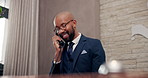 Black man, phone call and receptionist with booking reservation for customer service, support or online check in at hotel. Young African or happy concierge on telephone for accomodation at resort