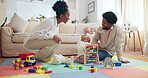 Parents, happy and baby in home for toys, games or fun and development or motor skills in lounge. Family, together and child in living room for play and support for learning, love and trust or growth