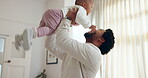 Love, father and child for love and comfort in home, living room and together for bonding. Newborn, lounge and childcare for single parent, male person and lift in air for fun and play with dad