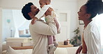 Love, parents and child for hug and comfort in home, living room and together for bonding. Newborn, lounge and childcare with mother and father, embrace and play with dad for childhood development