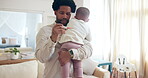 Thermometer, baby and fever with father in lounge, sick or medical help for child in home living room. Illness, cold and temperature check for newborn, male person or dad with worry for healthcare