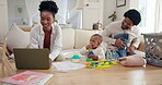 Family, child and mom on laptop, dad and remote work with washing for childcare in house. Lounge, baby or play with toy with stay at home father, mother or freelance writer in living room for bonding