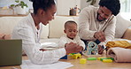 Black family, parents and baby with blocks for learning, education or building skills for development. Happy mother, father and kid with brick toy to play, help and teach child while working in home