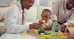 Black family, parents and baby with brick for education, learning or building skills for development. Happy mother, father and kid with toy blocks to play, help and teach child while working in home