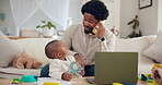 Father, laptop and baby in living room, phone call and remote work with childcare in lounge. Multitask, communication and sick babysitter, child and male person with cellphone for startup business