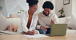 Laptop, document and black couple in home for deal, contract and signature in living room for mortgage. Real estate or bank loan paperwork for man or female person, investment and happy for new house