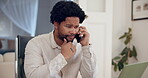 Black man, laptop and cellphone for business deal, communication or sale for startup company. Conversation, office or b2b contract online for negotiation, financial advisor and thinking male person