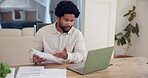 Black man, laptop and meeting online in home office, remote work and conversation with paperwork. Conference, deck and computer for digital proposal with male person, email and internet communication