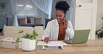 Black woman, home and remote work in phone call with laptop or paperwork for small business. Female person, documents and happy or smile in apartment as freelancer with consulting for startup company