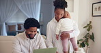 Mom, dad and sleeping baby in house with happiness for loan, real estate investment for future growth. Black family, living room and support for newborn or father working on laptop for mortgage plan