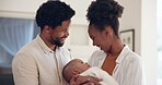 Home, black family and happy with new born baby for support, trust and care. Couple, people and relationship with sleeping child or infant for bonding, love and development with adoption as parents