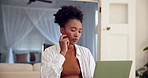 Black woman, home and thinking on remote work with laptop for administration or data capture. Female person, employee and research as freelancer in desk at apartment with typing report or information