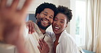 Black couple, home and happy or laugh with selfie on portrait for fun, love and care. People, relationship and smile with memories for social media or profile picture with bonding and support