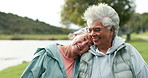 Senior couple, lesbian and happy with love, laughing or excited for outdoor travel or wellness in park. Elderly woman hug together with affection, care and support in LGBTQ and health or retirement