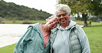 Friends, park and face of senior women outdoors together for bonding, fresh air and relax in nature. Retirement, happy and portrait of mature people by lake for wellness, health and active lifestyle