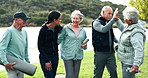 High five, fitness and senior group with trainer for support, motivation and well done in pilates exercise outdoor. Woman with elderly clients for health, wellness and celebration of workout progress