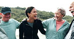 Woman, fitness coach and happy with senior people in huddle for laughing, hug and motivation for exercise. Scrum, support and outdoor with comic joke at training, workout and wellness in retirement