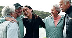 Woman, coach and hug with senior people in huddle for laughing, fitness and motivation for exercise. Scrum, support and group in nature with comic joke at training, workout and memory in retirement