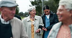 Community, conversation or retirement with nurse and old people outdoor together for activity. Community, healthcare senior group of friends in garden with happy caregiver for medical wellness