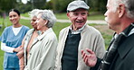 Assisted living, conversation or friends with nurse and old people outdoor together for activity. Healthcare, smile and senior group talking in garden with happy caregiver for medical wellness