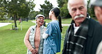 Assisted living, laughing or retirement with nurse and old people outdoor together for activity. Community, healthcare and funny friends with senior group of people in garden for medical wellness