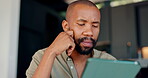 Thinking, black man and tablet at house for reading news, email and article notification on social media. Surprise, male person and digital for information, browsing and surfing internet of weekend