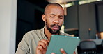 Black man, thinking and tablet at house for reading news, email and article notification on social media. Surprise, male person and digital for information, browsing and surfing internet of weekend