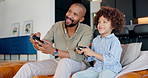 African dad, kid and play video game in home for competition, contest or bonding. Tv, console or happy father with child in living room on technology for entertainment, laugh or family relax together