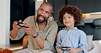 African dad, child and play video game in home for competition, contest or bonding. Tv, console or happy father with kid in living room on technology for entertainment, hobby or family relax together