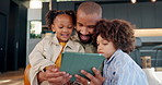 Dad, kids and tablet for e learning, online cartoon streaming and internet gaming for black family bonding together. Father, children and film watch at home with connection, subscription and smile