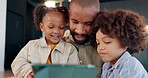 Father, kids and tablet for e learning, online cartoon streaming and internet gaming for black family bonding together. Man, children and film watch at home with connection, subscription and smile