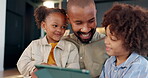 Father, children and tablet for e learning, online cartoon streaming and internet gaming for black family bonding together. Man, kids and film watch at home with connection, subscription and smile