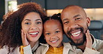 Black family, face and smile on home with girl, parents and child together in living room for bonding with love. Happiness, weekend break and relax or caring people, hug and support in apartment