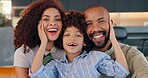 Black family, face and smile on home with boy, parents and child together in living room for bonding with love. Happiness, weekend break and relax or caring people, hug and support in apartment