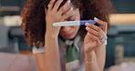 Woman, hands and stress with pregnancy test for results, exam or feedback in motherhood at home. Closeup of upset or pregnant female person in anxiety, depression or disbelief with regret at house