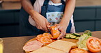 Kitchen counter, hands and mother with child for cutting, chop and vegetables for breakfast. Home, mom and girl with motor skills, learning and helping parent with healthy food prepare by closeup