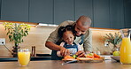 Kitchen counter, father and child with vegetables for cutting, chop and preparation for breakfast. Home, dad and girl with skills development, learning and helping parent with healthy food in house