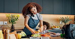 Home, phone call and mom with child for lunch, preparation and multitasking in morning. Kitchen counter, little girl and mother with mobile, communication and packing food in container for kid