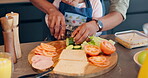 Kitchen counter, hands and father with child for cutting, chop and vegetables for breakfast. Home, dad and girl with motor skills, learning and helping parent with healthy food prepare by closeup