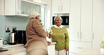 Senior couple, happy and wine in kitchen for retirement, conversation and bonding together with glass. Elderly people, laughing and alcohol in home for marriage anniversary, speaking and cozy date