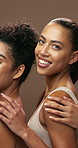 Women, cosmetics and beauty in studio, together and face with hug, skincare and natural glow by background. Group, model and people with solidarity, closeup and healthy with facial transformation