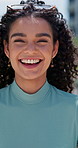 Face, happy and girl or student in outdoor on campus for learning, academic scholarship and education for future. Female learner, portrait and college for knowledge, opportunity and development.