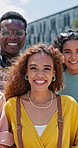 Face, happy and students together in outdoor with friends on campus for learning, academic scholarship and education. Diversity, laughing and college for knowledge, opportunity and development.