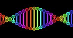 Spiral, genes and molecular design for science, research and innovation in synthetic DNA construction. Neon color cells in biology, chromosomes or development of atom or particles on black background