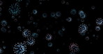 Blue, medical and black background with particles of germ for viral reproduction, disease and envelope protein. Chronic hepatitis, RNA virus and transmission of microorganisms for liver infection.