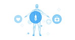 Human body, healthcare and anatomy with icons in medical study, research or data on a white background. Abstract of symbol, sign or health transformation of genetic structure, cure or healing process