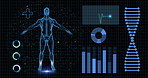 Radiology, virtual patient and healthcare for medical examination and test with monitor. Digital human, skeleton and technology for virus investigation, diagnosis and practice  on xray for statistics