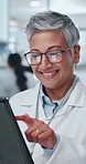 Woman, happy and medical with tablet in lab for research, investigation and review feedback of pharmaceutical. Scientist, person and digital study, report results and information health innovation
