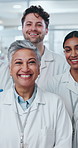 Group, science and smile in lab, scientist and portrait of employees for medical research and expert. Happy people,  together and uniform for healthcare,  clinic and confident of collaboration